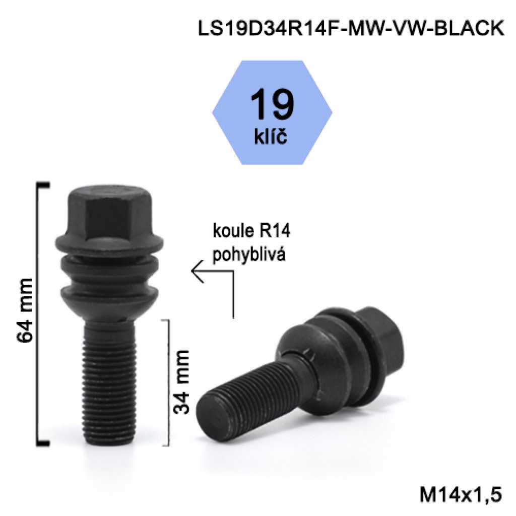 Kolový šroub M14x1,5x34 kulová R14 pohyblivá, klíč 19 (LS19D34R14F-MW-VW-BLACK) výška 64mm