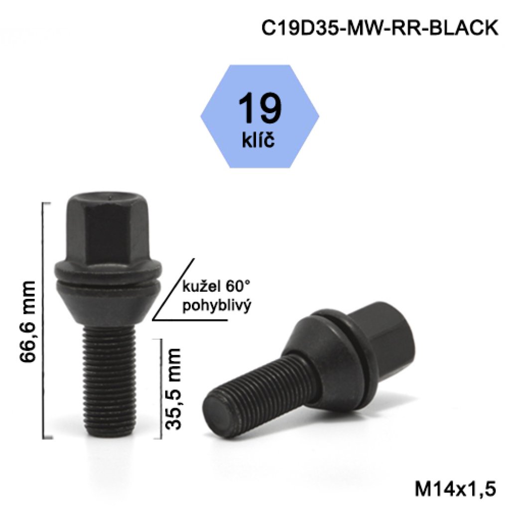 Kolový šroub M14x1,5x35,5 kužel, klíč 19 (C19D35-MW-RR-BLACK) výška 66,6mm