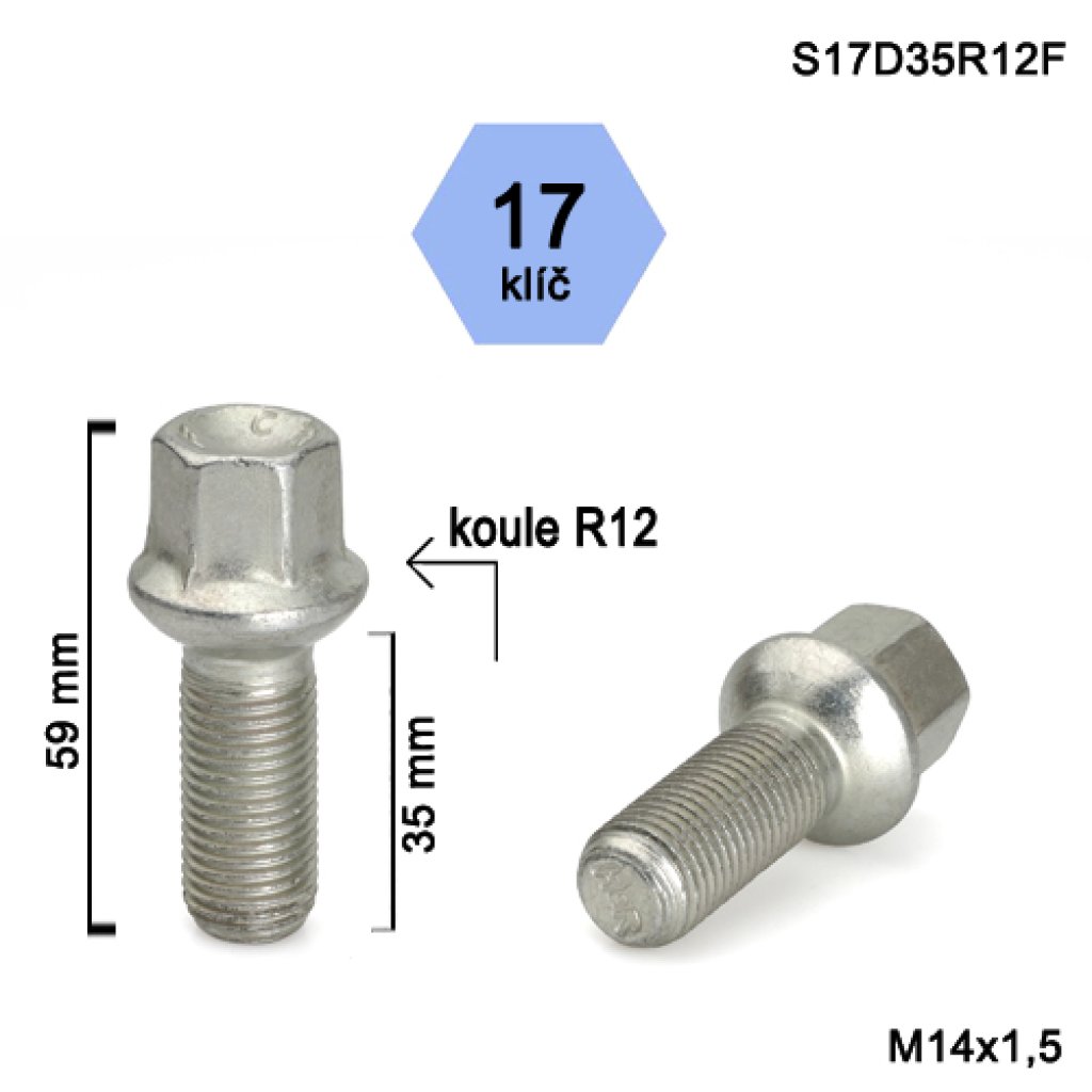 Kolový šroub M14x1,5x35 kulová R12, klíč 17 (S17D35R12F) výška 59mm