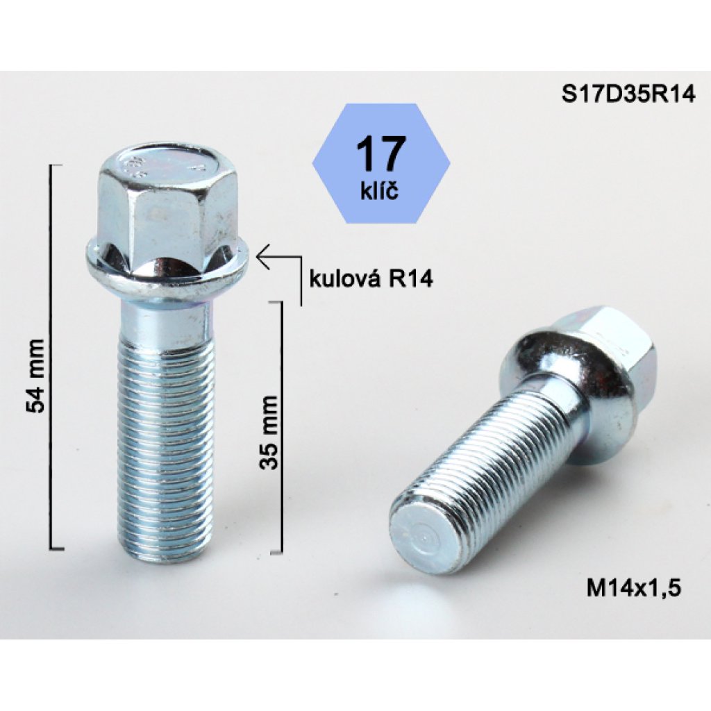 Kolový šroub M14x1,5x35 kulová R14, klíč 17 (S17D35R14) výška 54mm
