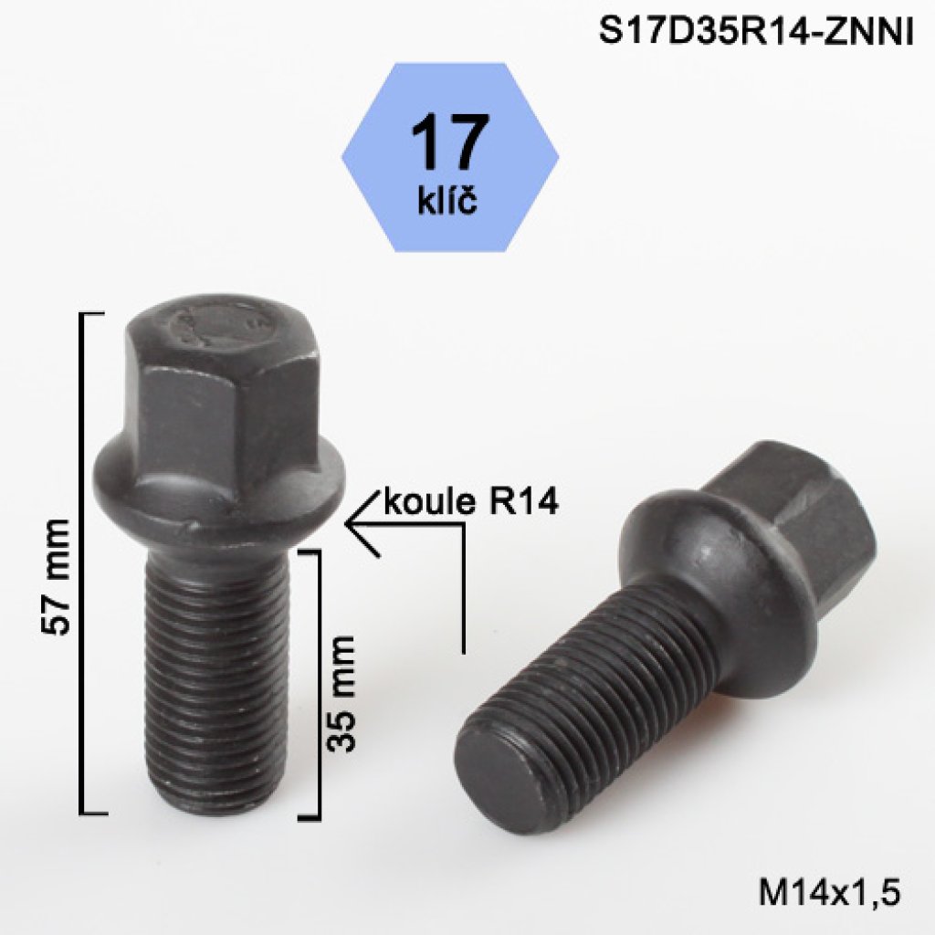 Kolový šroub M14x1,5x35 kulová R14, klíč 17 (S17D35R14F-BLACK) černý, výška 57mm
