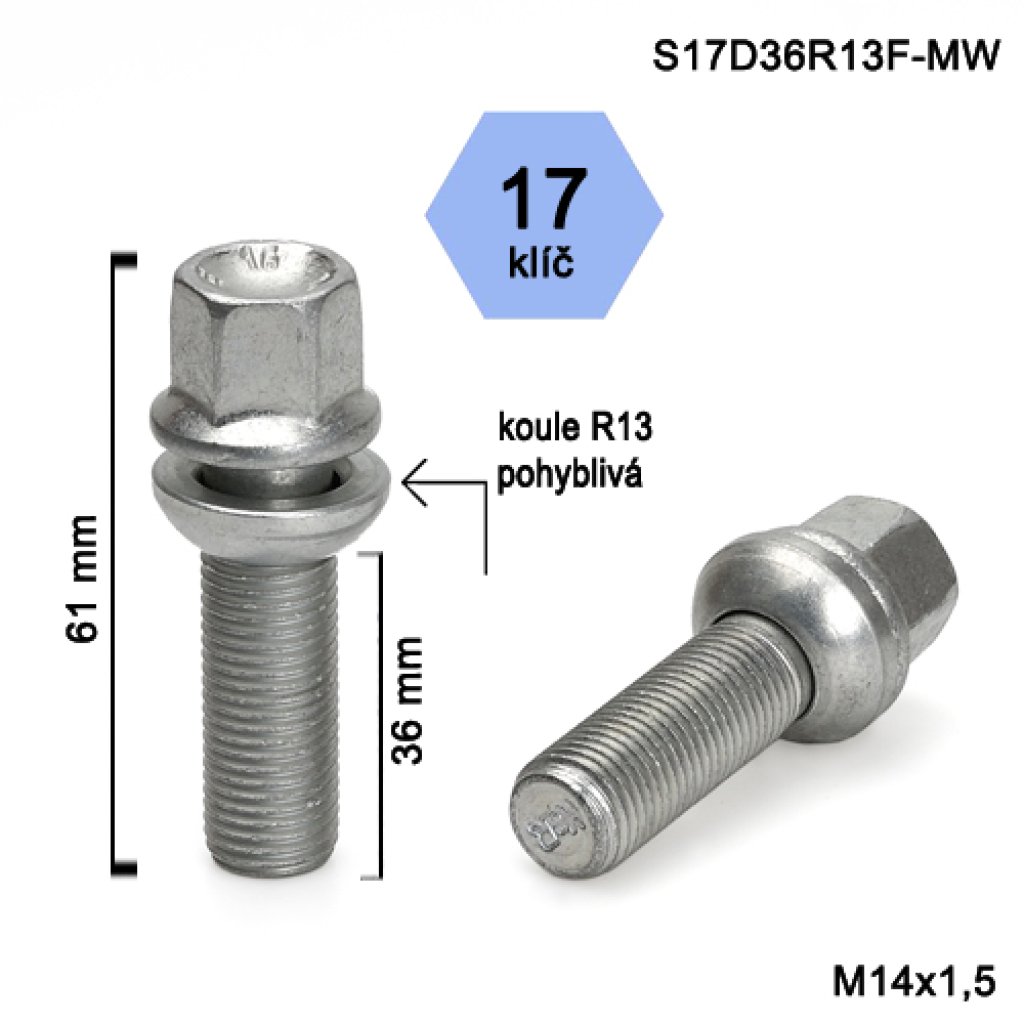 Kolový šroub M14x1,5x36 kulová R13 pohyblivá, klíč 17 (S17D36R13F-MW) výška 61mm