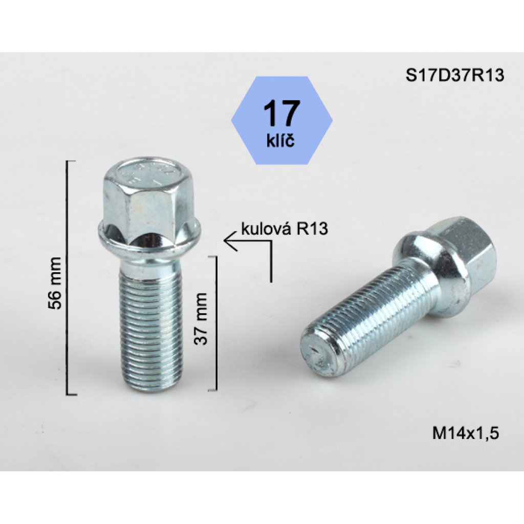 Kolový šroub M14x1,5x37 kulová R13, klíč 17 (S17D37R13) výška 56mm