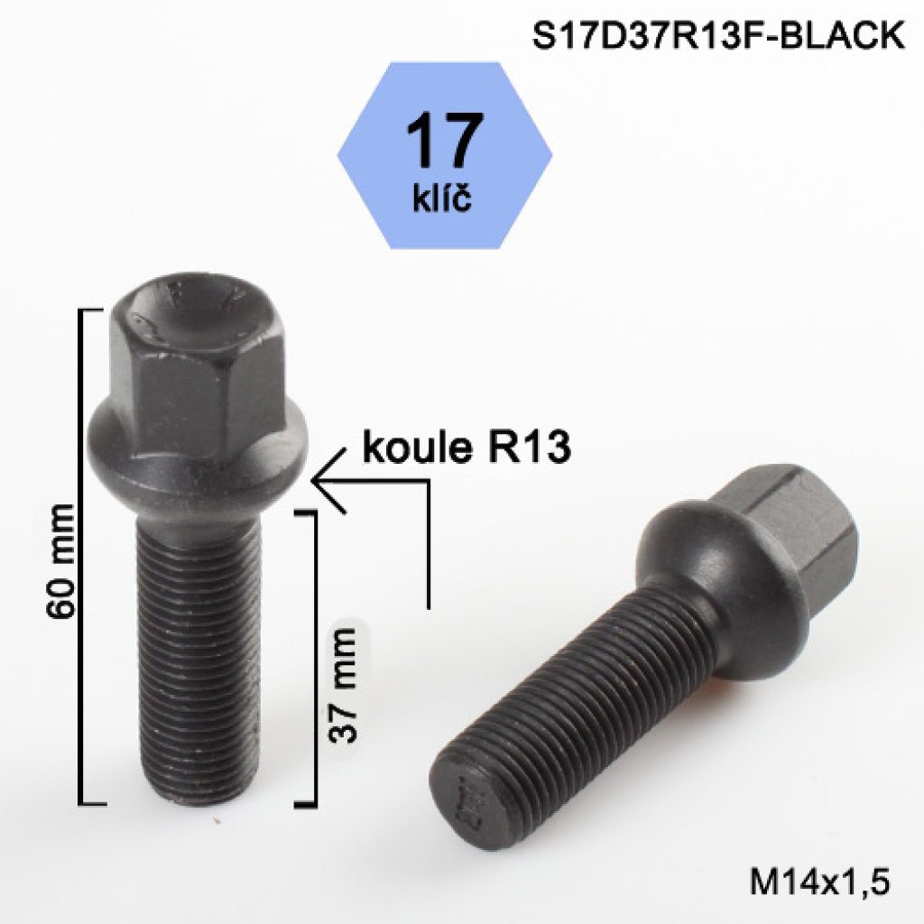 Kolový šroub M14x1,5x37 kulová R13, klíč 17 (S17D37R13F-BLACK)(Z8B50/S BLK) výška 60mm