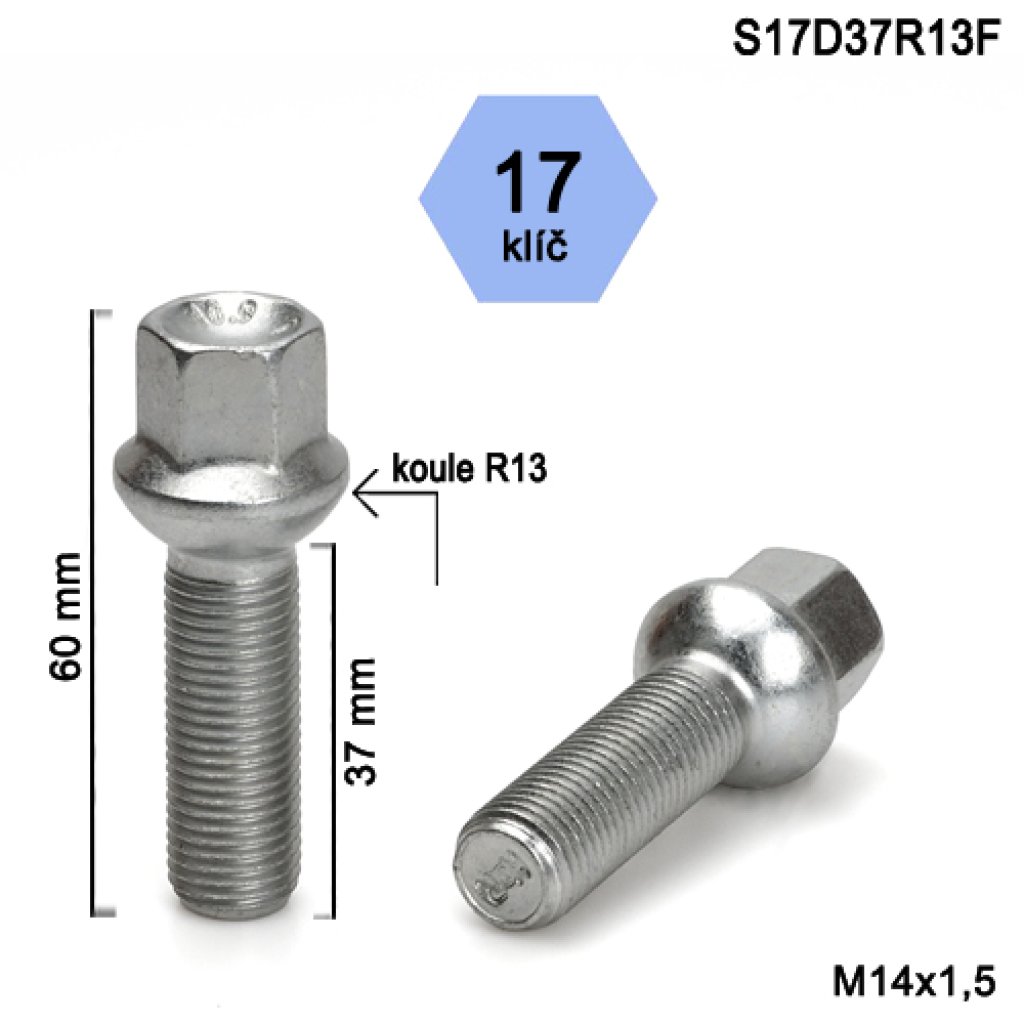 Kolový šroub M14x1,5x37 kulová R13, klíč 17 (S17D37R13F)(Z8B50/S) výška 60mm