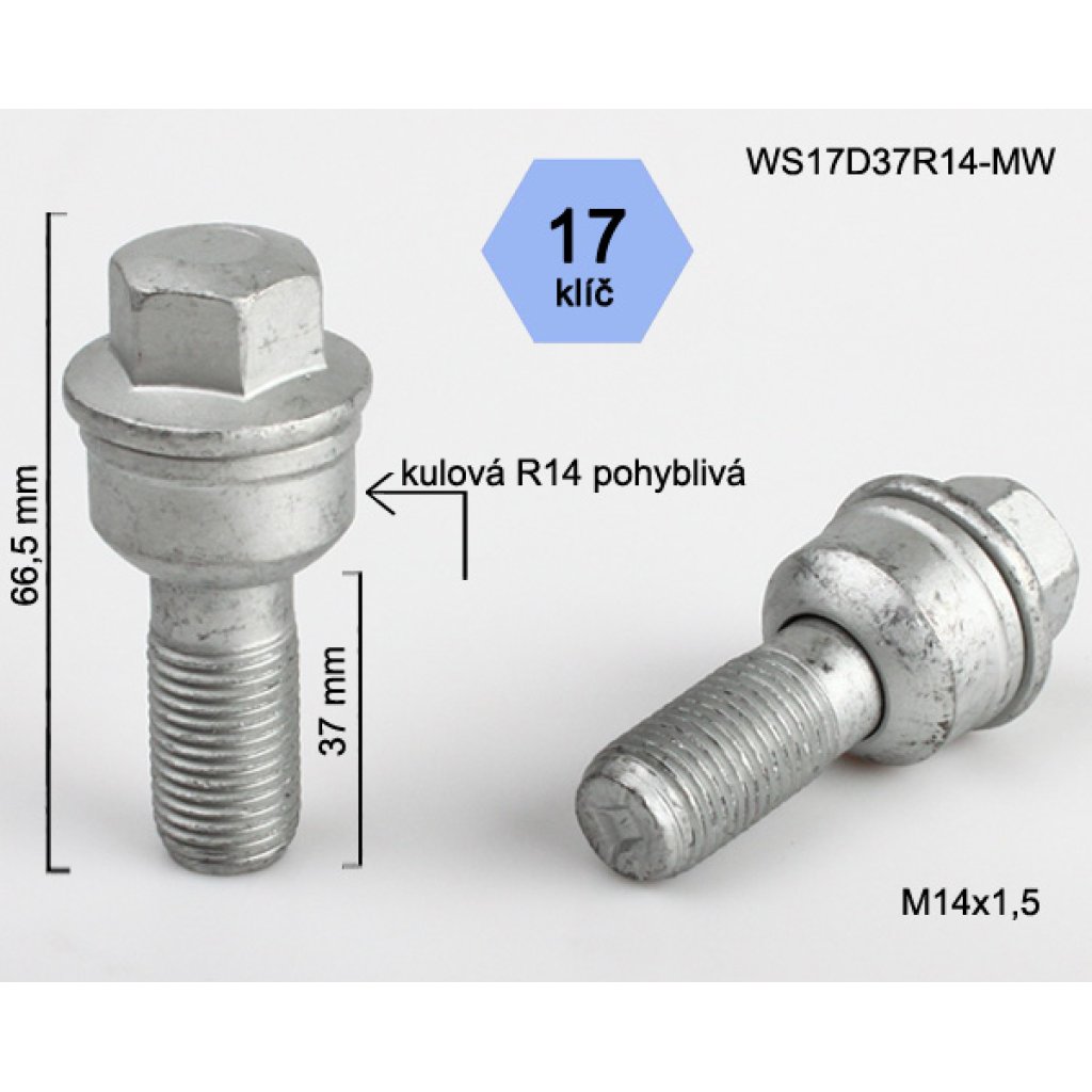 Kolový šroub M14x1,5x37 kulová R14 pohyblivá, klíč 17 (WS17D37R14-MW) výška 66,5mm