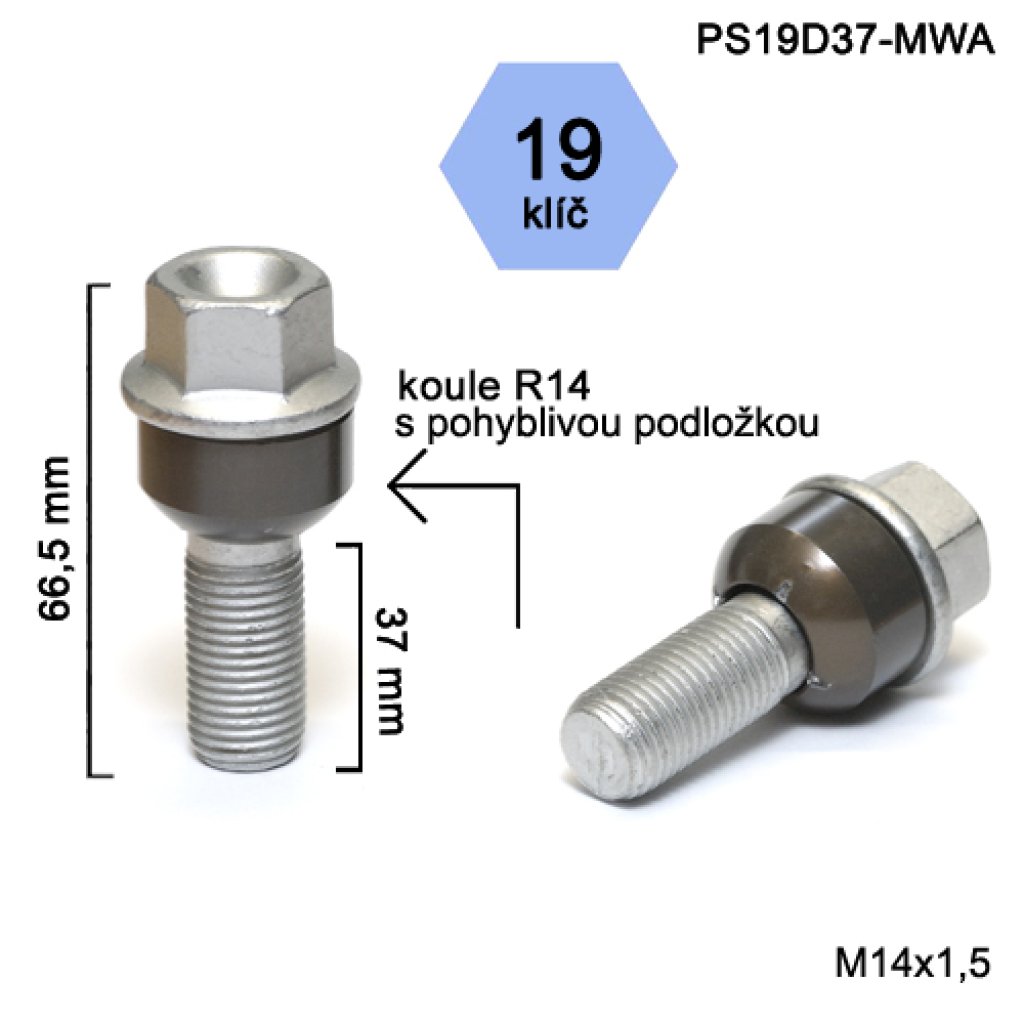 Kolový šroub M14x1,5x37 kulová R14 pohyblivá, klíč 19 (PS19D37-MWA) výška 66,5mm