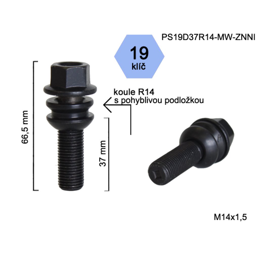 Kolový šroub M14x1,5x37 kulová R14 pohyblivá,klíč 19(PS19D37R14-MW-BLACK) černý,výška 66,5