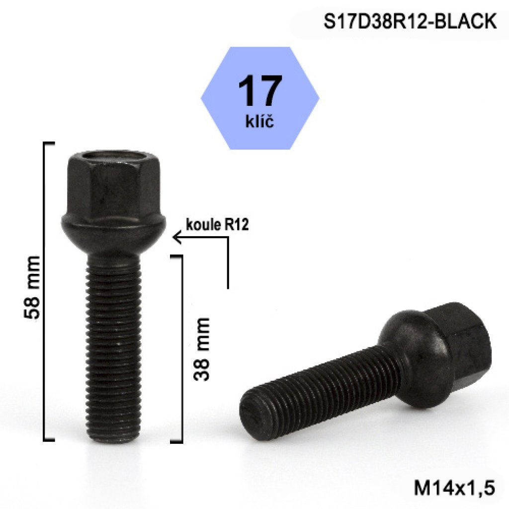 Kolový šroub M14x1,5x38 kulová R12, klíč 17 (S17D38R12-BLACK) černý, výška 58mm