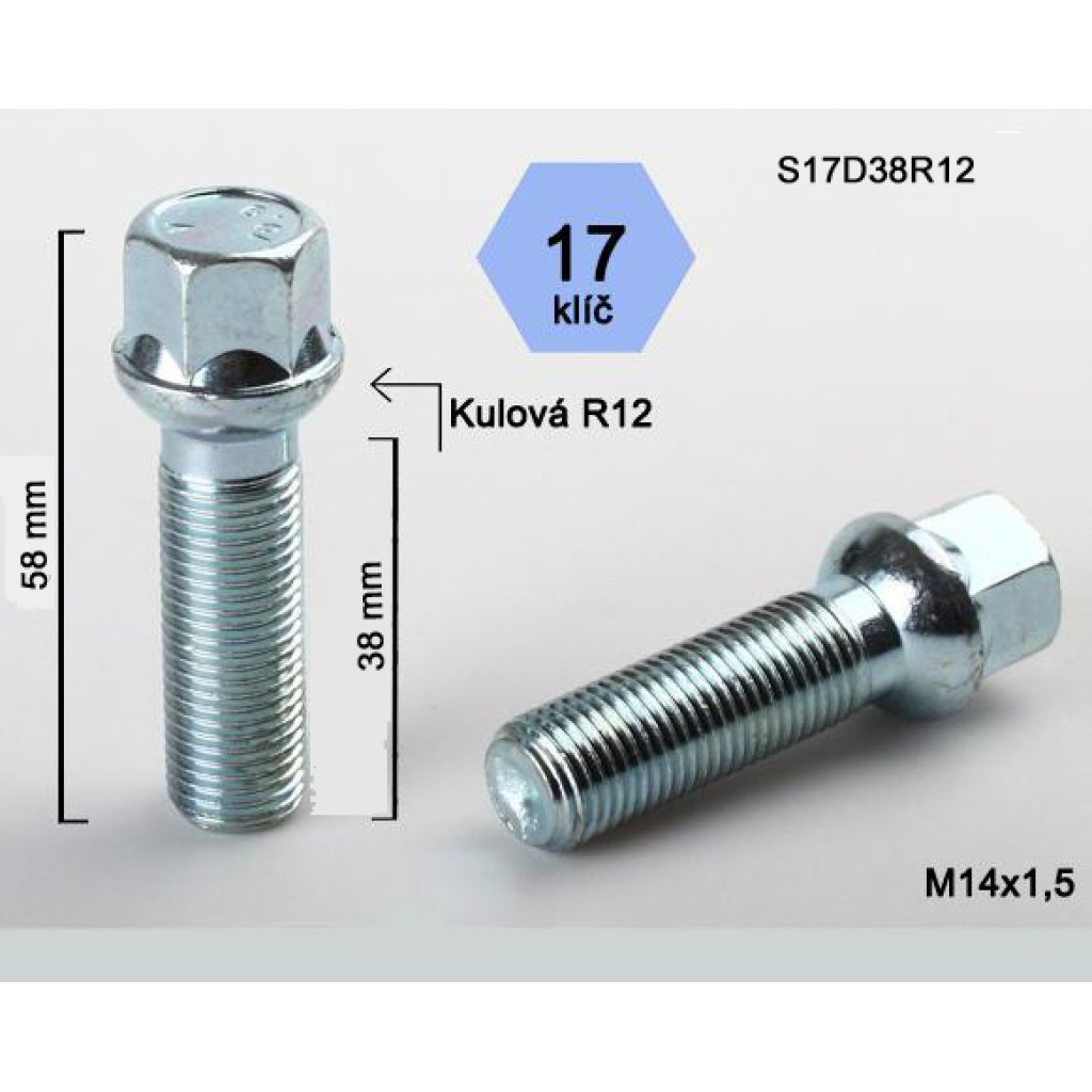 Kolový šroub M14x1,5x38 kulová R12, klíč 17 (S17D38R12) výška 58mm