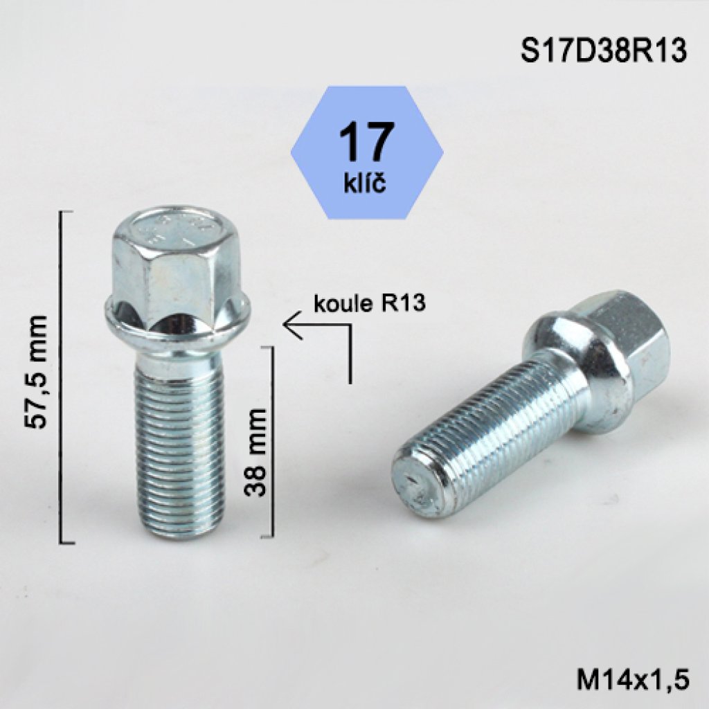 Kolový šroub M14x1,5x38 kulová R13, klíč 17 (S17D38R13) výška 57,5mm