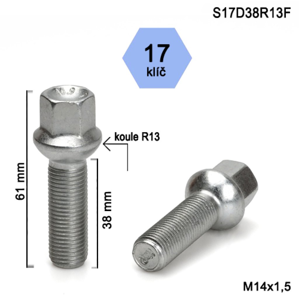 Kolový šroub M14x1,5x38 kulová R13, klíč 17 (S17D38R13F) výška 61mm