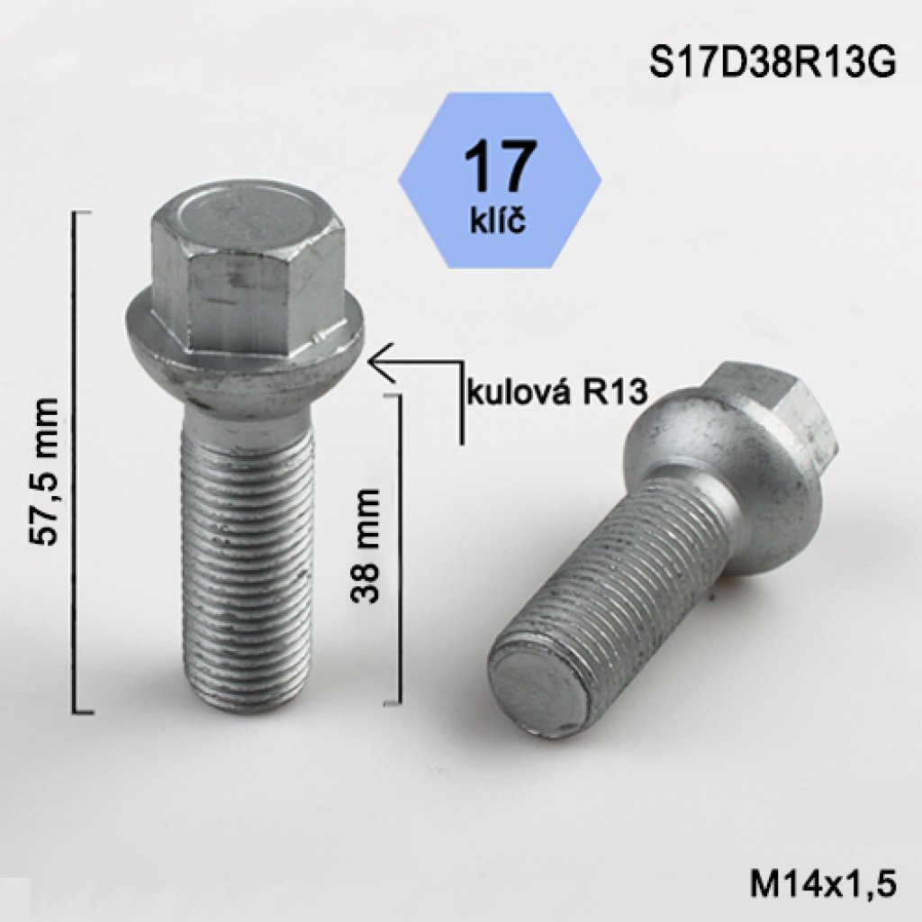 Kolový šroub M14x1,5x38 kulová R13, klíč 17 (S17D38R13G) výška 57,5mm