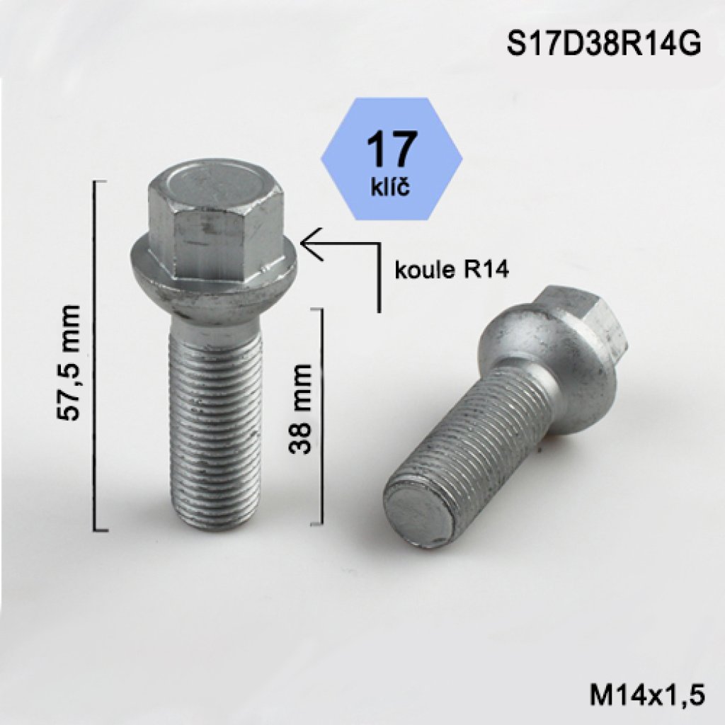 Kolový šroub M14x1,5x38 kulová R14, klíč 17 (S17D38R14G) výška 57,5mm