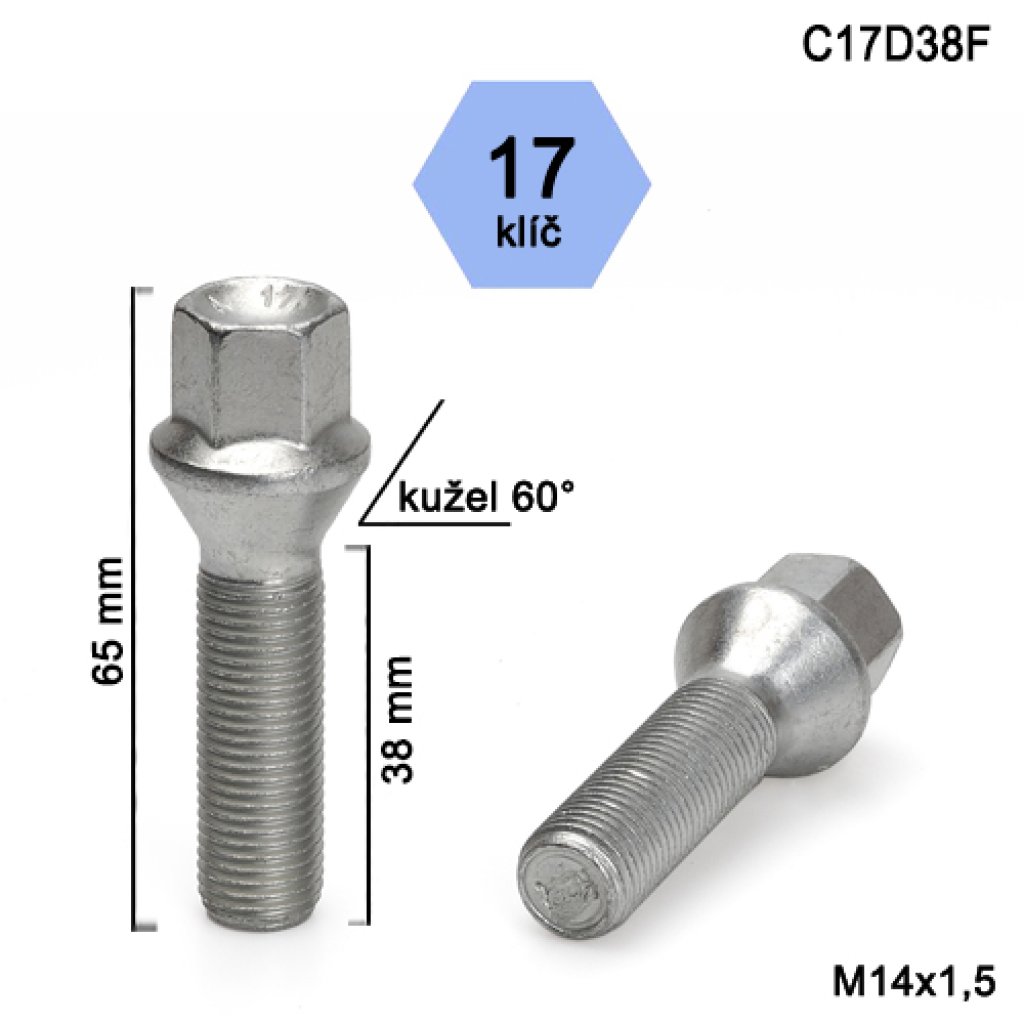 Kolový šroub M14x1,5x38 kužel, klíč 17 (C17D38F)(B66L/S) výška 65mm