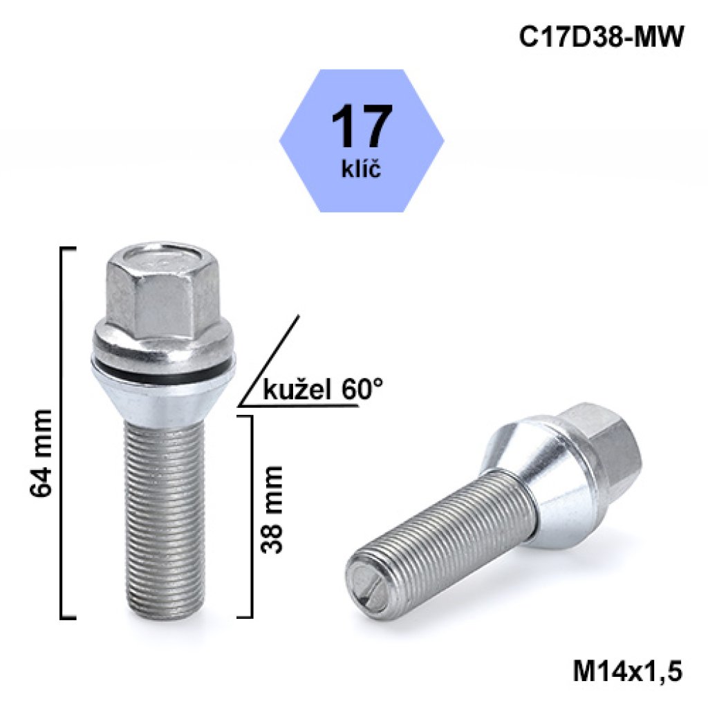 Kolový šroub M14x1,5x38 kužel pohyblivý, klíč 17 (C17D38-MW) výška 64mm