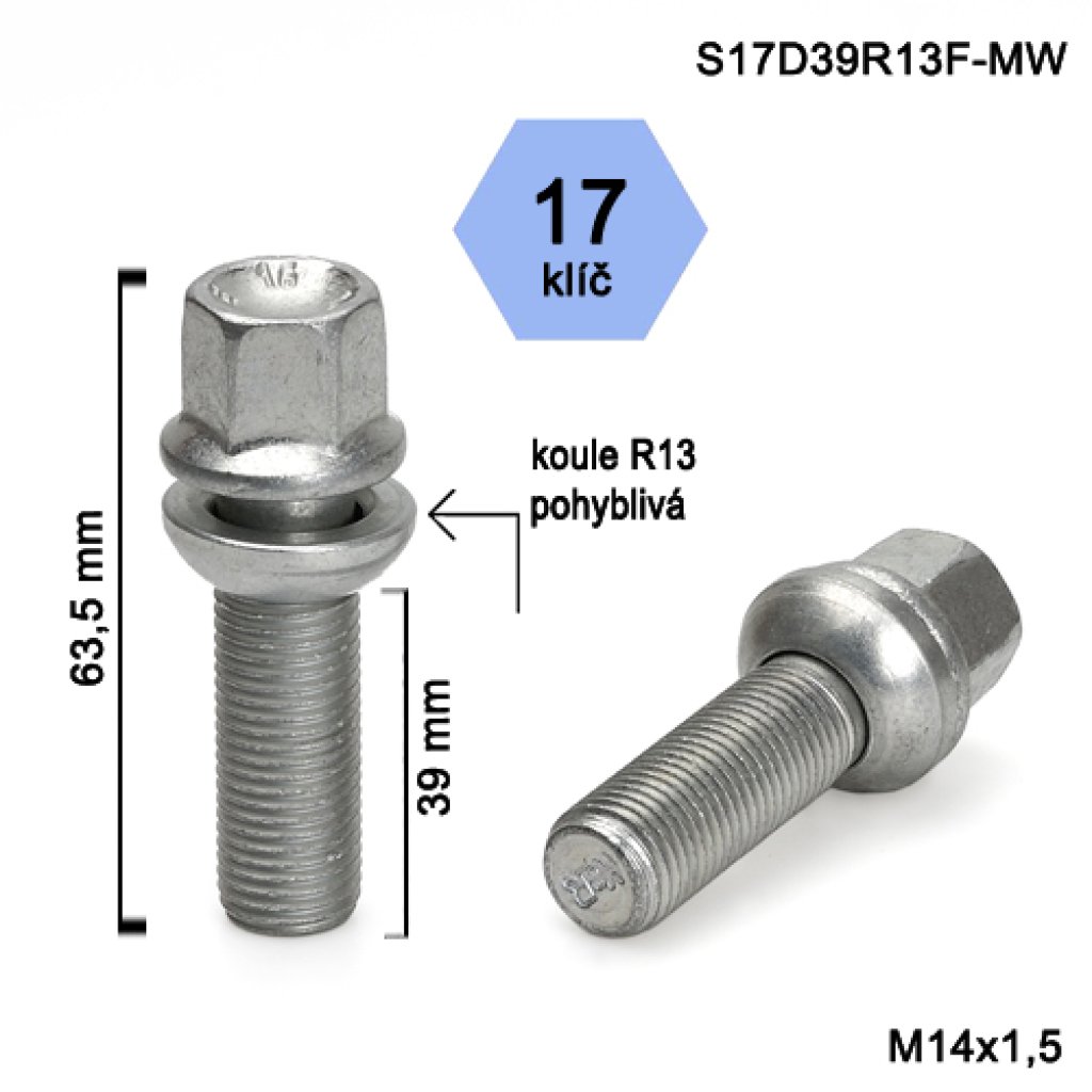 Kolový šroub M14x1,5x39 kulová R13 pohyblivá, klíč 17 (S17D39R13F-MW) výška 63,5mm