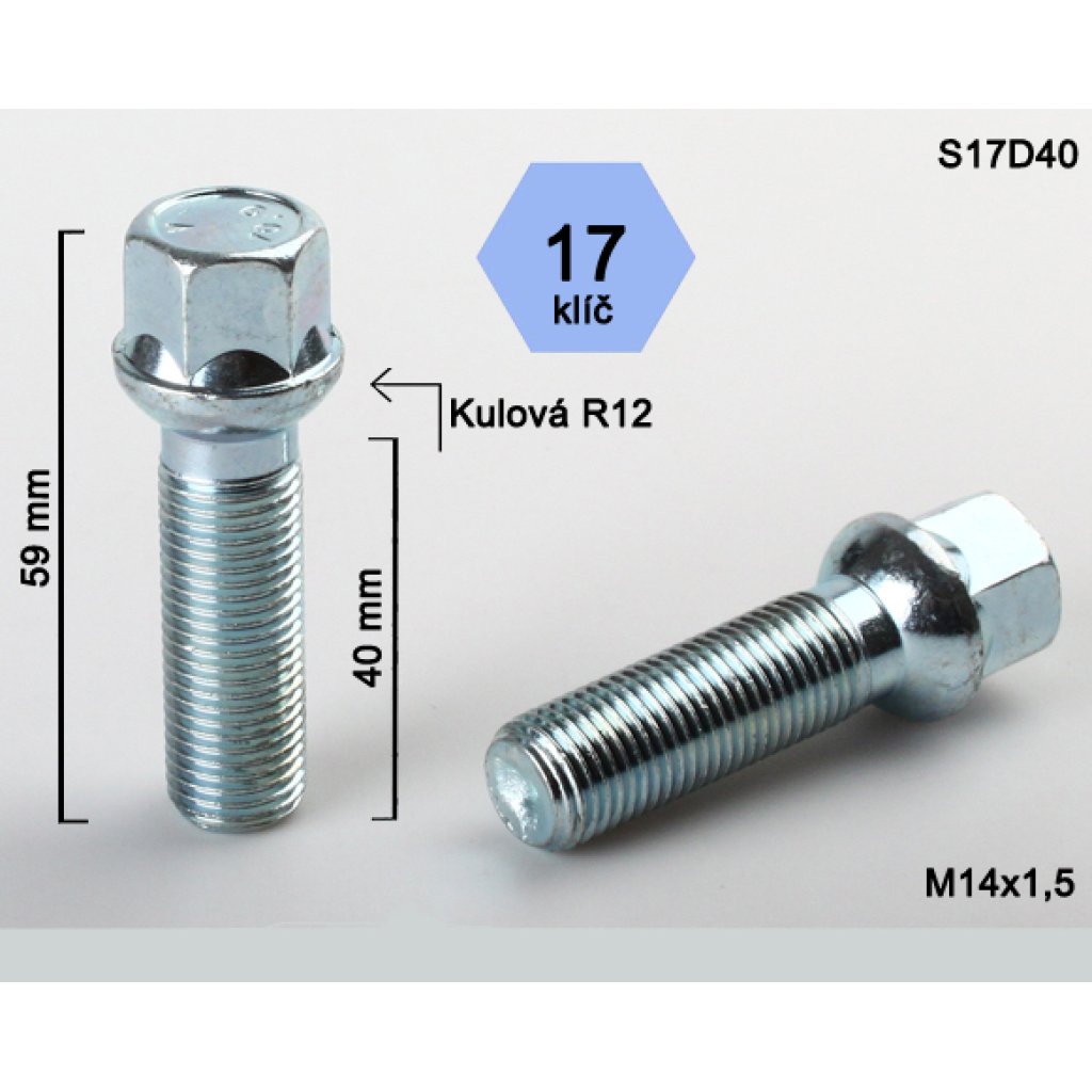 Kolový šroub M14x1,5x40 kulová R12, klíč 17 (S17D40R12) výška 59mm
