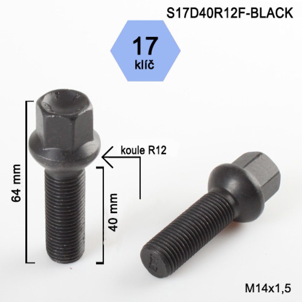Kolový šroub M14x1,5x40 kulová R12, klíč 17 (S17D40R12F-BLACK) černý, výška 64mm
