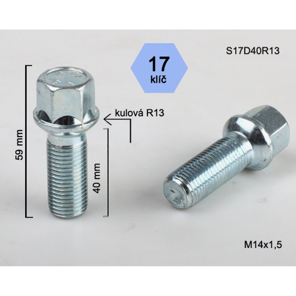 Kolový šroub M14x1,5x40 kulová R13, klíč 17 (S17D40R13) výška 59mm