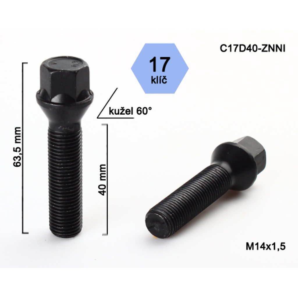 Kolový šroub M14x1,5x40 kužel, klíč 17 (C17D40-BLACK) černý, výška 63,5mm