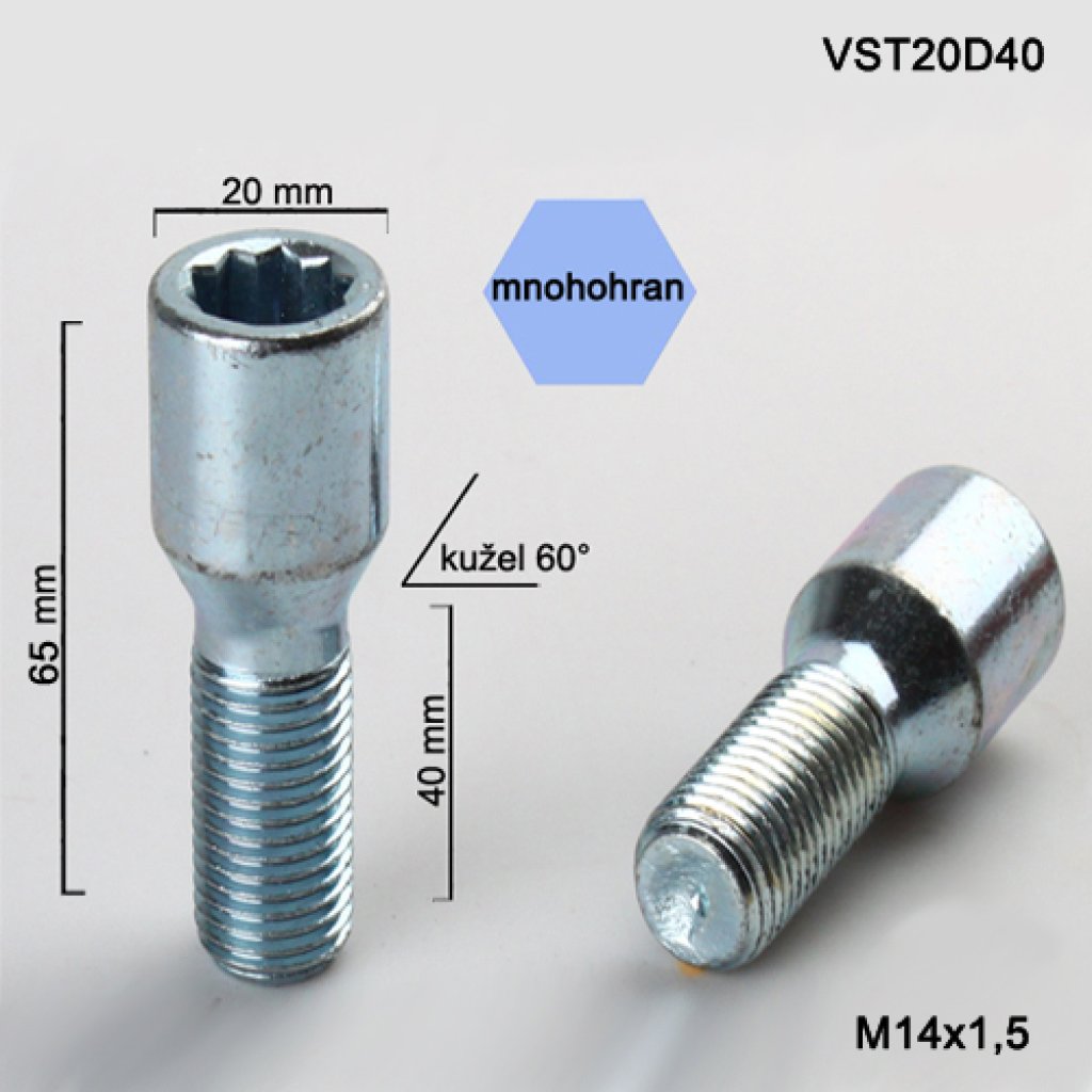 Kolový šroub M14x1,5x40 kužel s vnitřním mnohohranem (VST20D40) prům.hlavy 20mm,výška 65mm