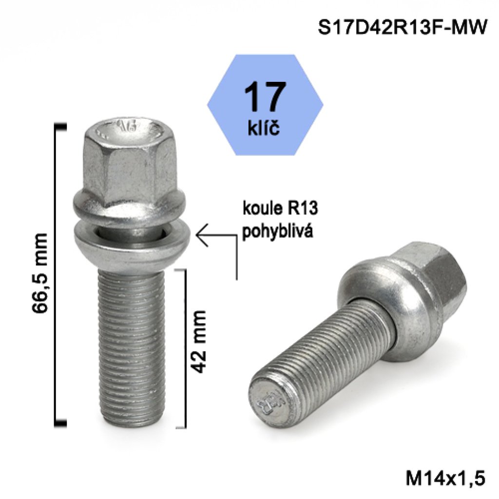 Kolový šroub M14x1,5x42 kulová R13 pohyblivá, klíč 17 (S17D42R13F-MW)(WP24/S výška 66,5mm