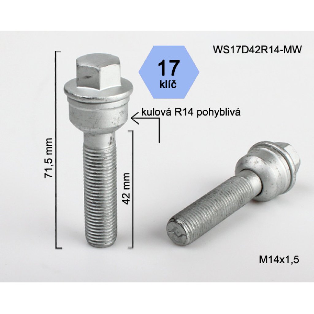 Kolový šroub M14x1,5x42 kulová R14 pohyblivá, klíč 17 (WS17D42R14-MW)(BPP1/S) výška 71,5mm