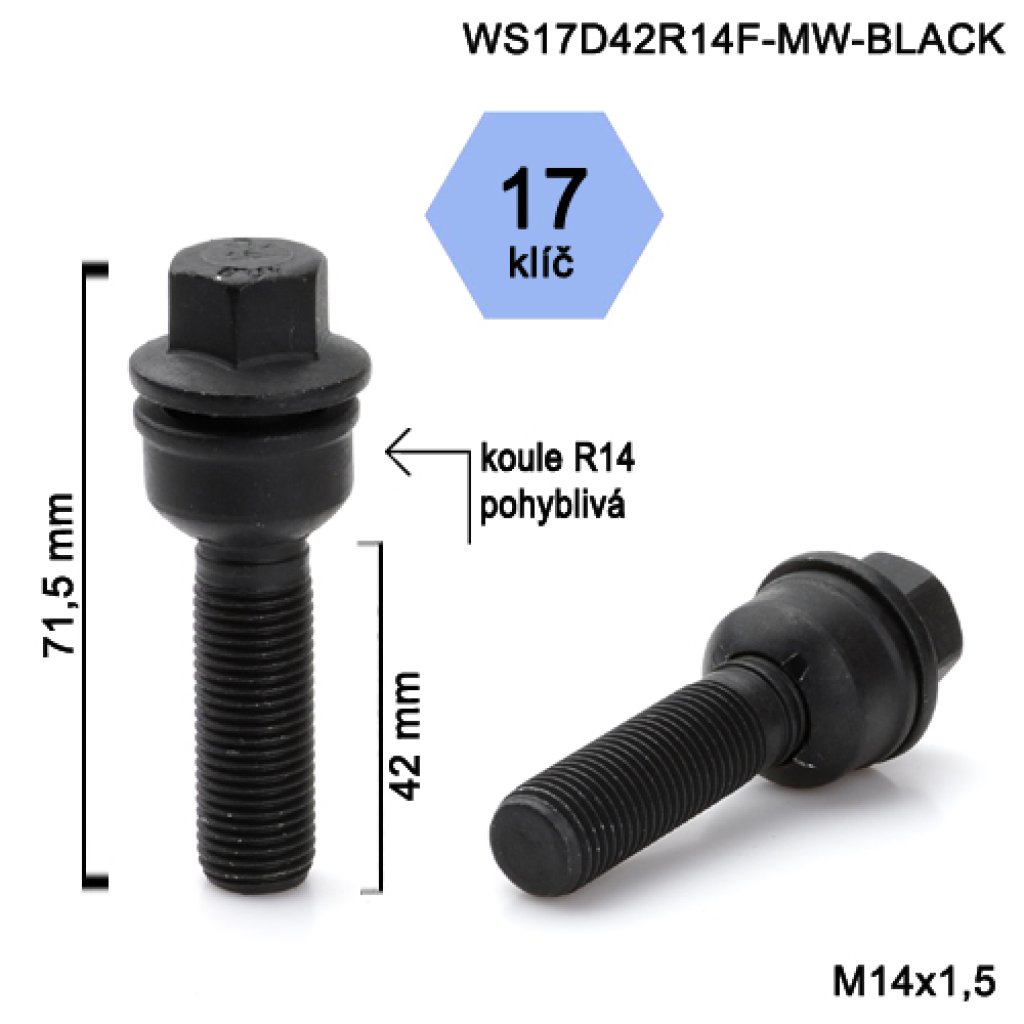 Kolový šroub M14x1,5x42 kulová R14 pohyblivá, klíč 17 (WS17D42R14F-MW-BLACK) výška 71,5mm