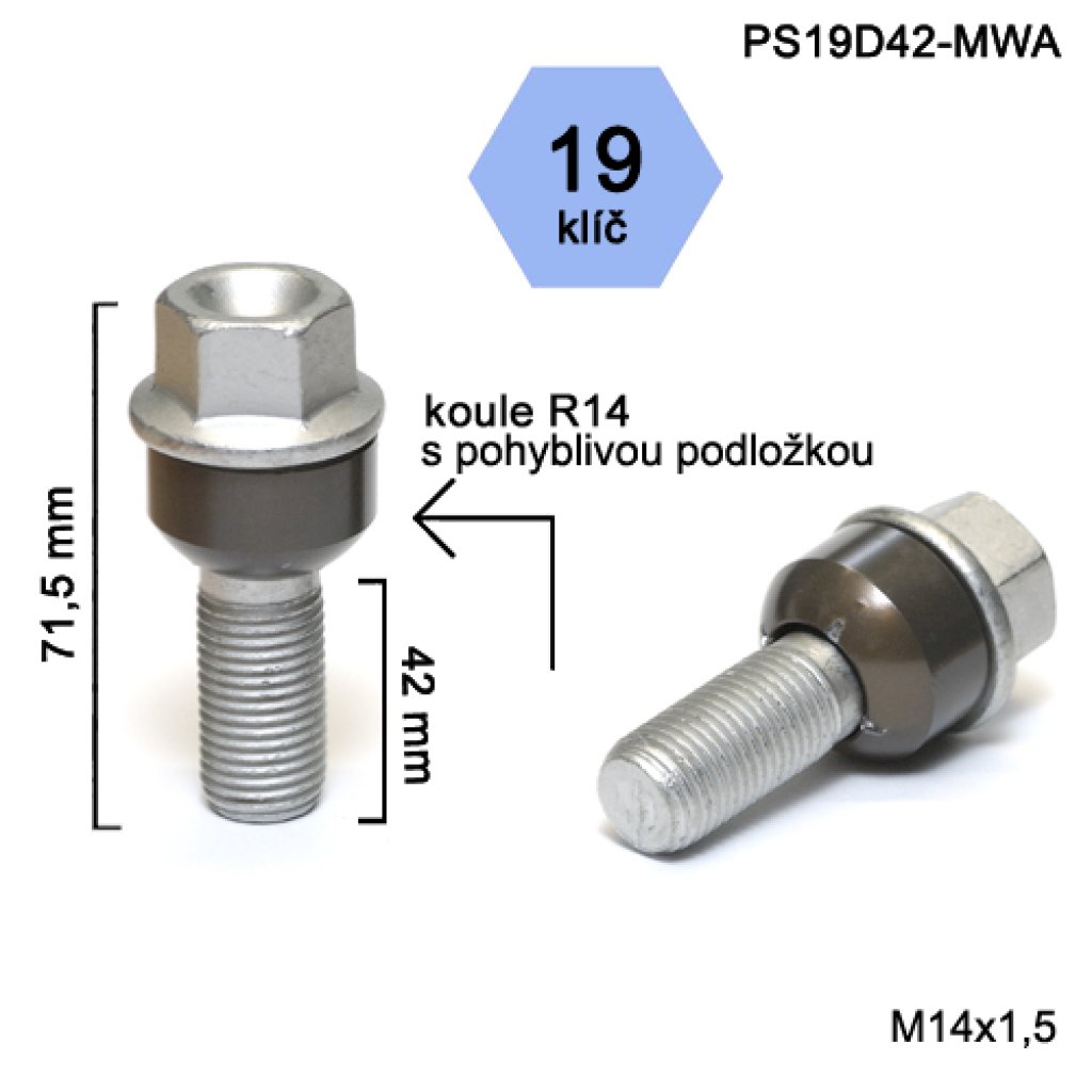 Kolový šroub M14x1,5x42 kulová R14 pohyblivá, klíč 19 (PS19D42-MWA) výška 71,5mm