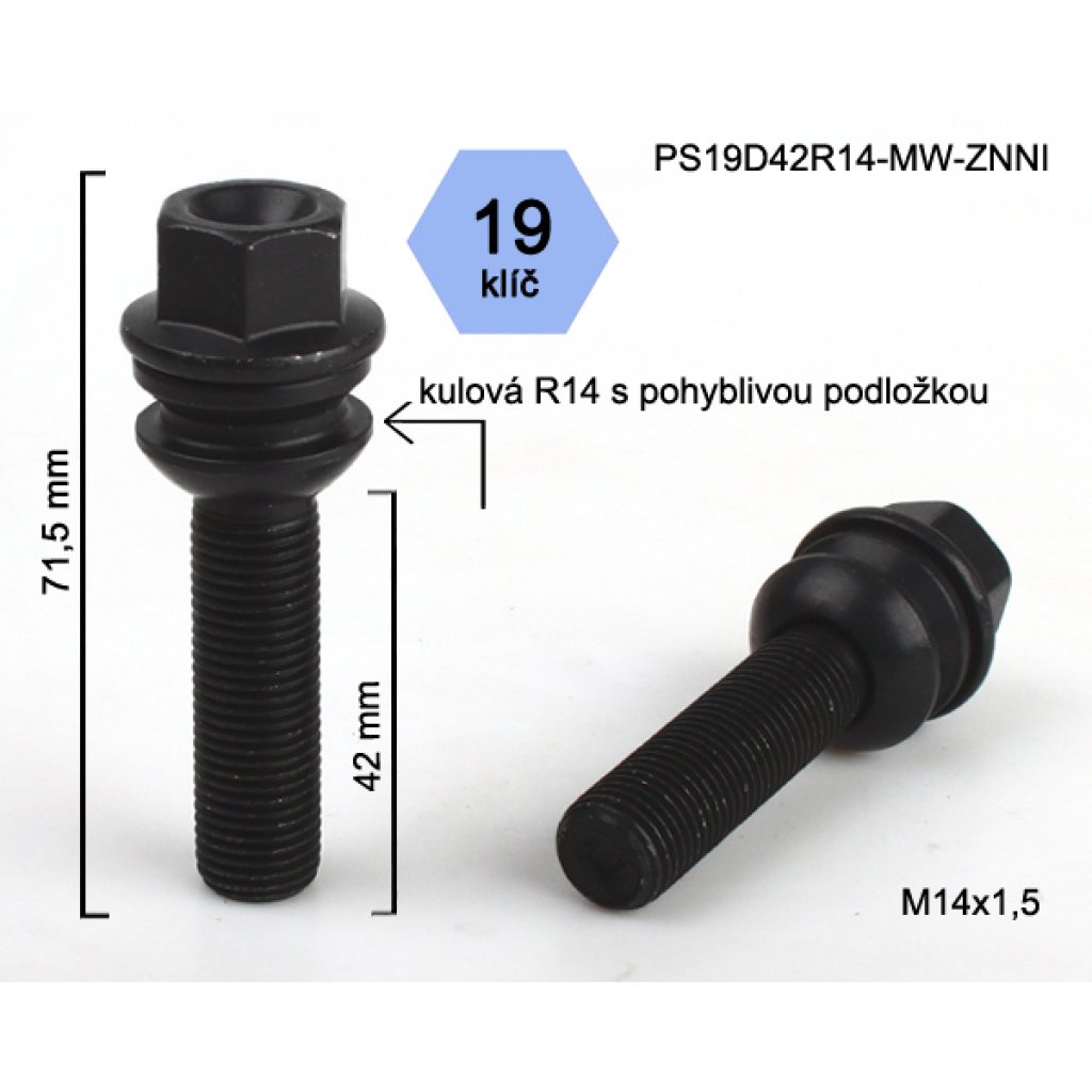 Kolový šroub M14x1,5x42 kulová R14 pohyblivá,klíč 19(PS19D42R14-MW-BLACK) černý,výška 71,5