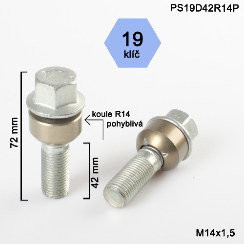 Kolový šroub M14x1,5x42 kulová R14 pohyblivá, klíč 19 (PS19D42R14P), výška 72mm