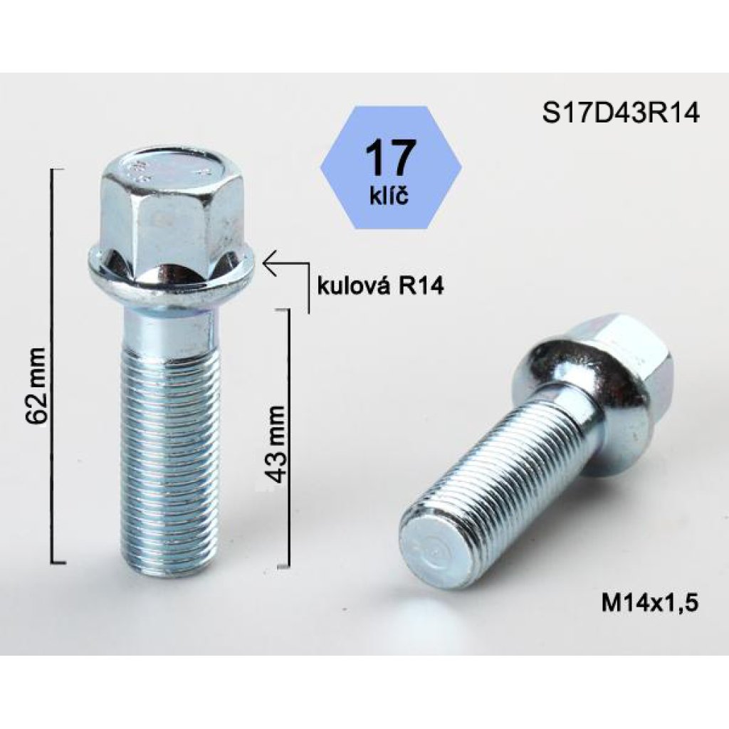 Kolový šroub M14x1,5x43 kulová R14, klíč 17 (S17D43R14) výška 62mm