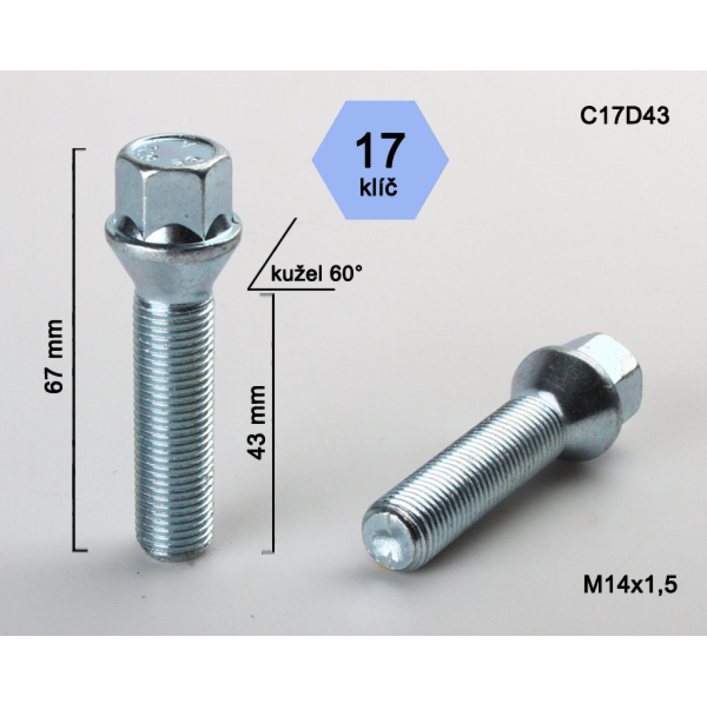 Kolový šroub M14x1,5x43 kužel, klíč 17 (C17D43) výška 67mm