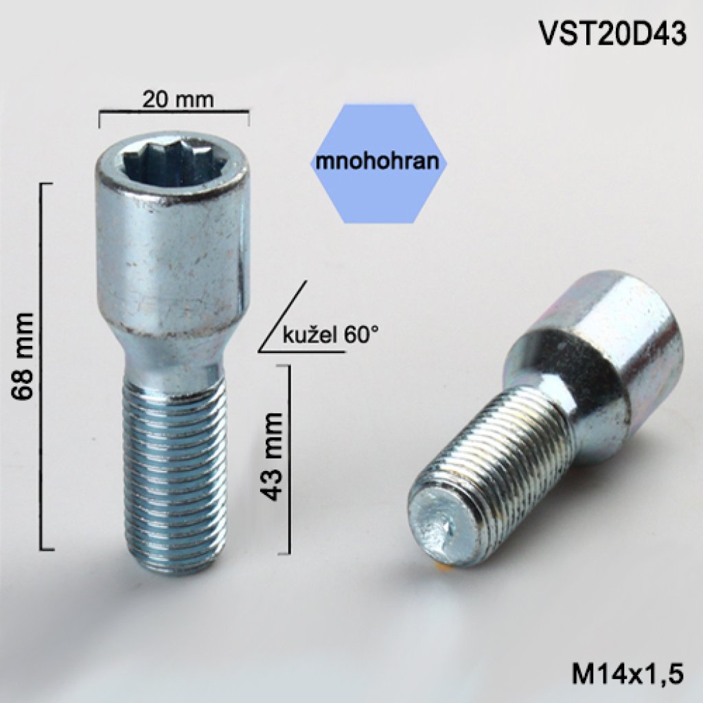 Kolový šroub M14x1,5x43 kužel s vnitřním mnohohranem (VST20D43) prům.hlavy 20mm, výška 68