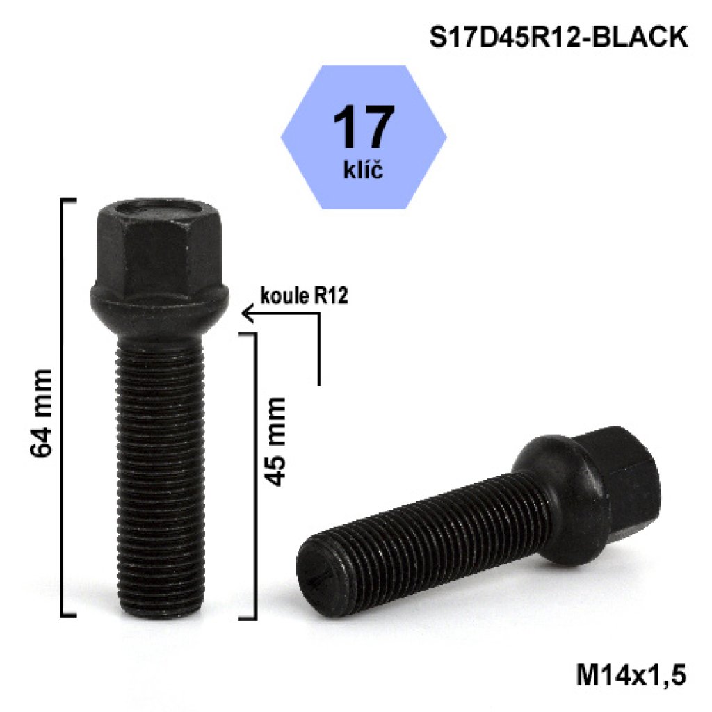 Kolový šroub M14x1,5x45 kulová R12, klíč 17 (S17D45R12-BLACK) černý, výška 64mm