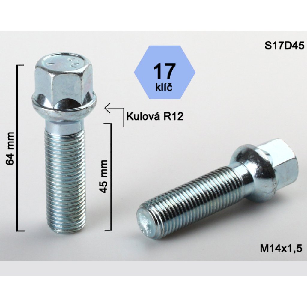 Kolový šroub M14x1,5x45 kulová R12, klíč 17 (S17D45R12) výška 64mm