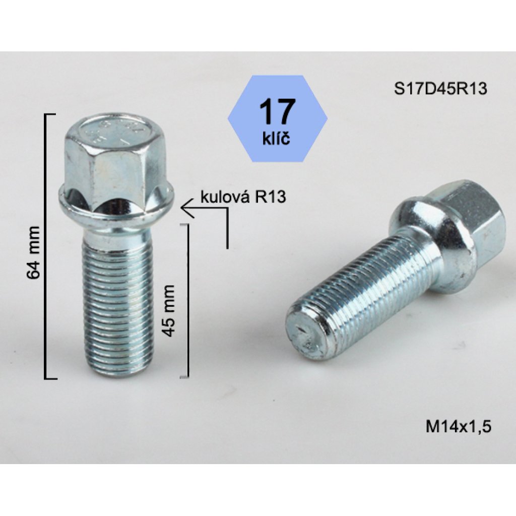 Kolový šroub M14x1,5x45 kulová R13, klíč 17 (S17D45R13) výška 64mm