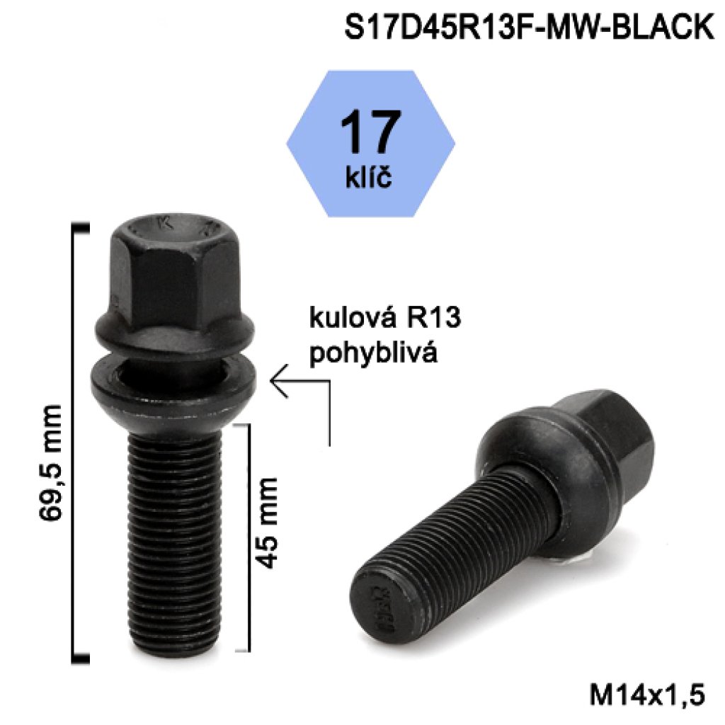 Kolový šroub M14x1,5x45 kulová R13 pohyblivá, klíč 17 (S17D45R13F-MW-BLACK) výška 69,5mm