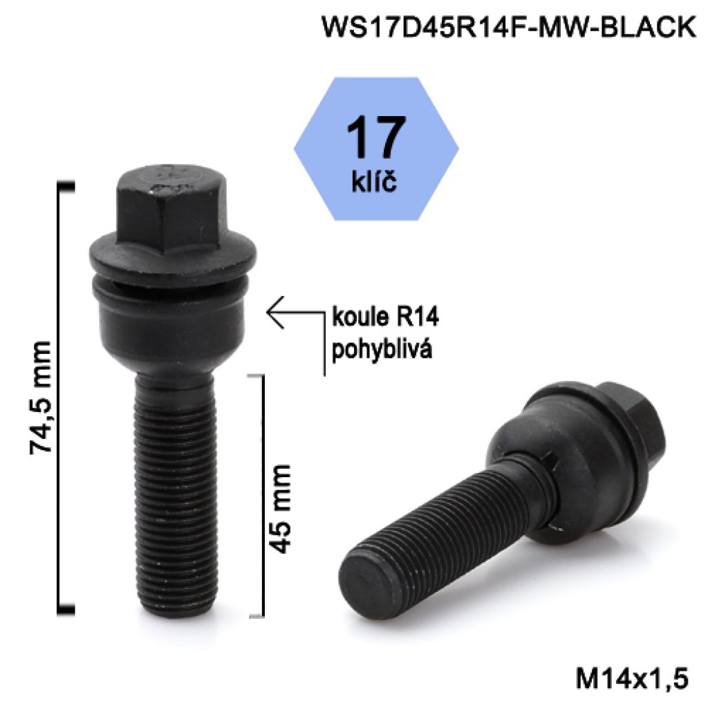 Kolový šroub M14x1,5x45 kulová R14 pohyblivá, klíč 17 (WS17D45R14F-MW-BLACK) výška 74,5mm