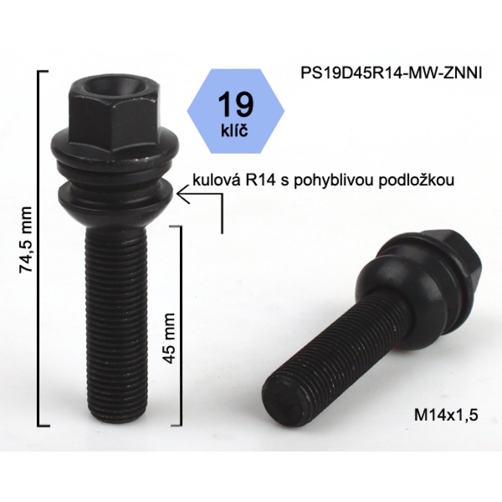 Kolový šroub M14x1,5x45 kulová R14 pohyblivá,klíč 19(PS19D45R14-MW-BLACK) černý,výška 74,5