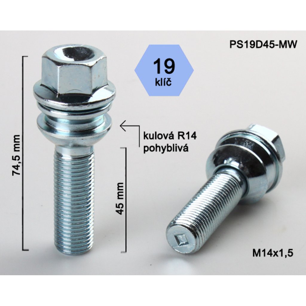 Kolový šroub M14x1,5x45 kulová R14 pohyblivá, klíč 19 (PS19D45R14-MW) výška 74,5mm