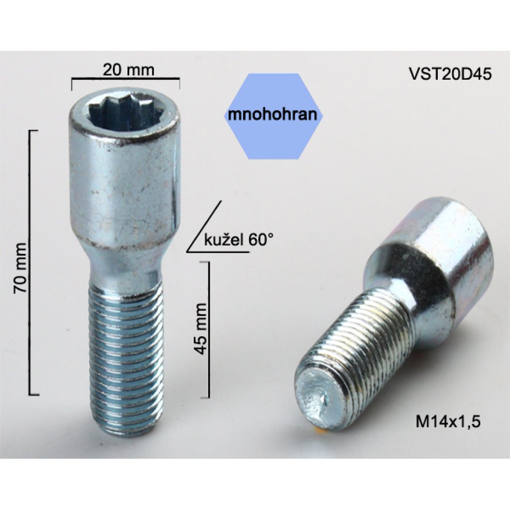 Kolový šroub M14x1,5x45 kužel s vnitřním mnohohranem (VST20D45) prům.hlavy 20mm, výška 70