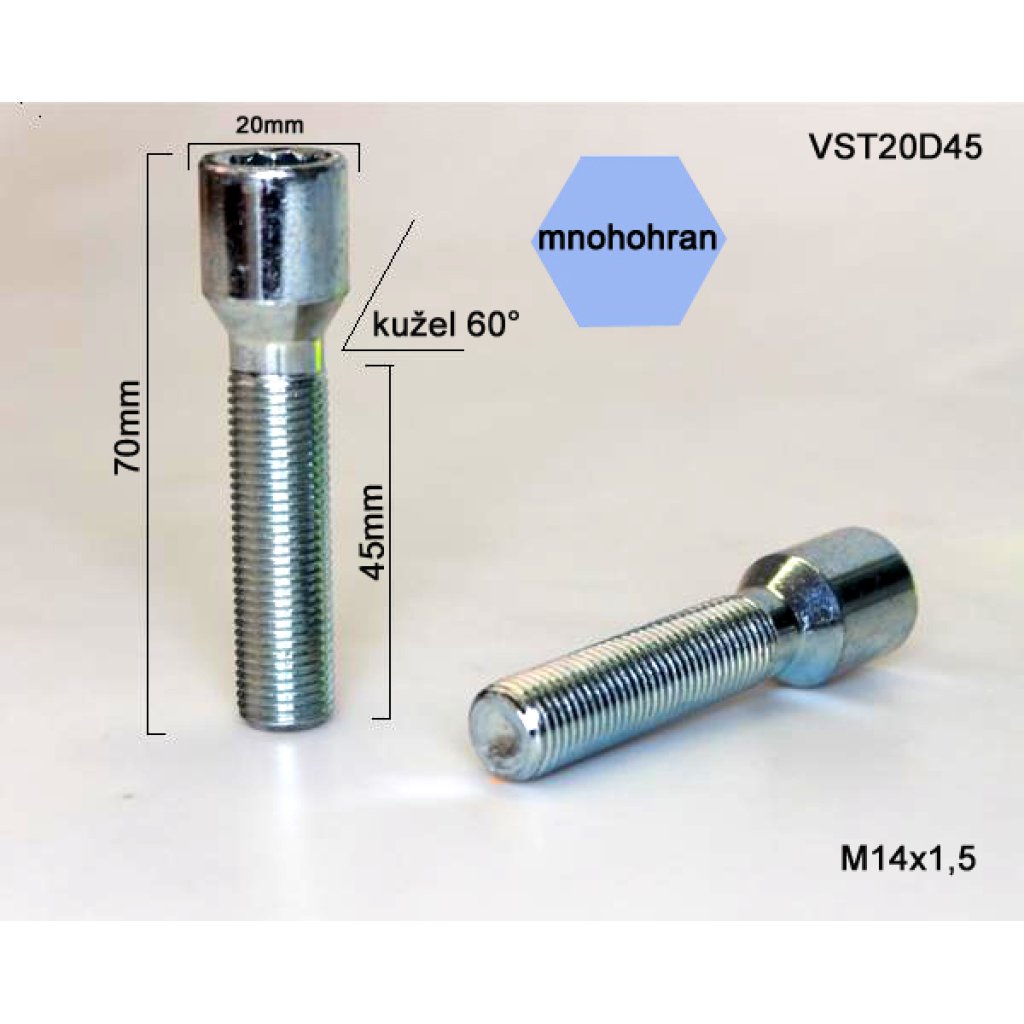 Kolový šroub M14x1,5x45 kužel s vnitřním mnohohranem (VSTD45) průměr 23mm, výška 70,5