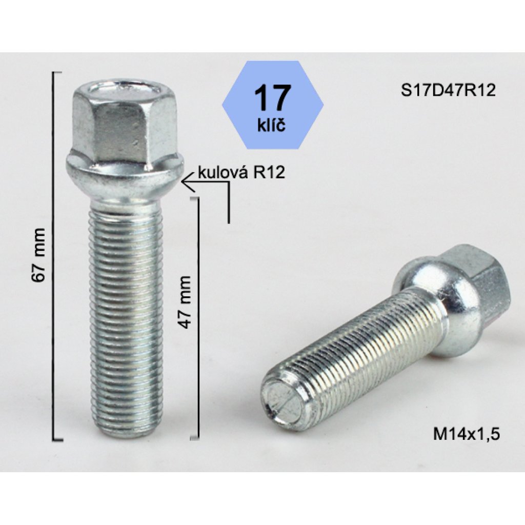 Kolový šroub M14x1,5x47 kulová R12, klíč 17 (S17D47R12) výška 67mm