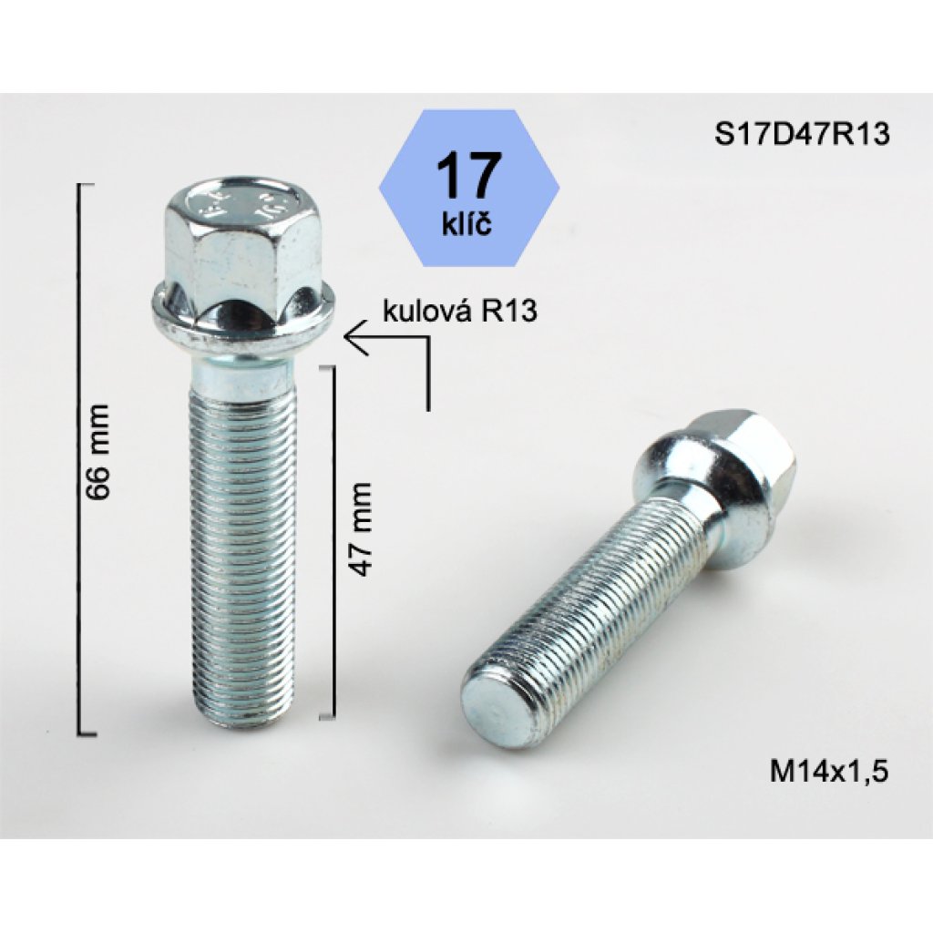 Kolový šroub M14x1,5x47 kulová R13, klíč 17 (S17D47R13) výška 66mm