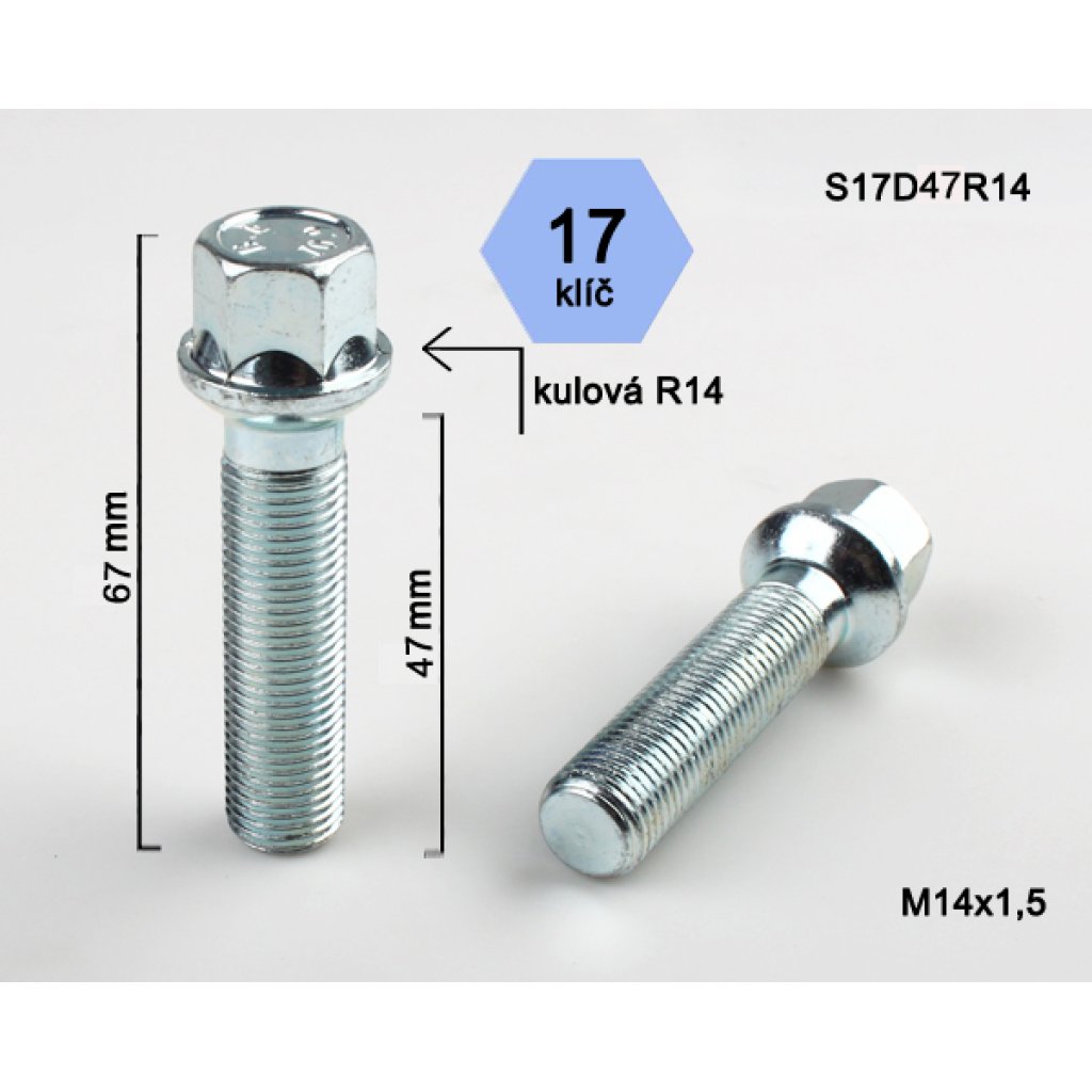Kolový šroub M14x1,5x47 kulová R14, klíč 17 (S17D47R14) výška 67mm