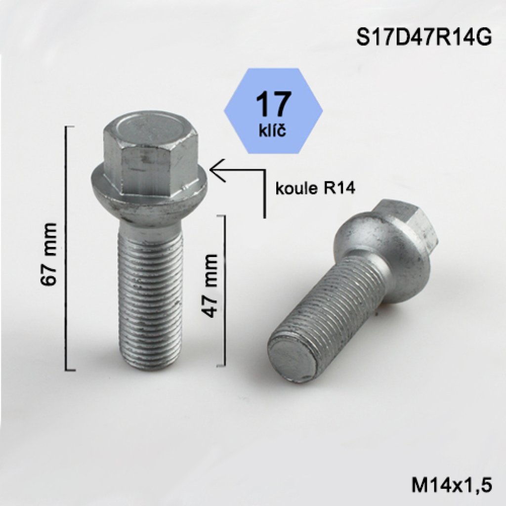 Kolový šroub M14x1,5x47 kulová R14, klíč 17 (S17D47R14G) výška 67mm