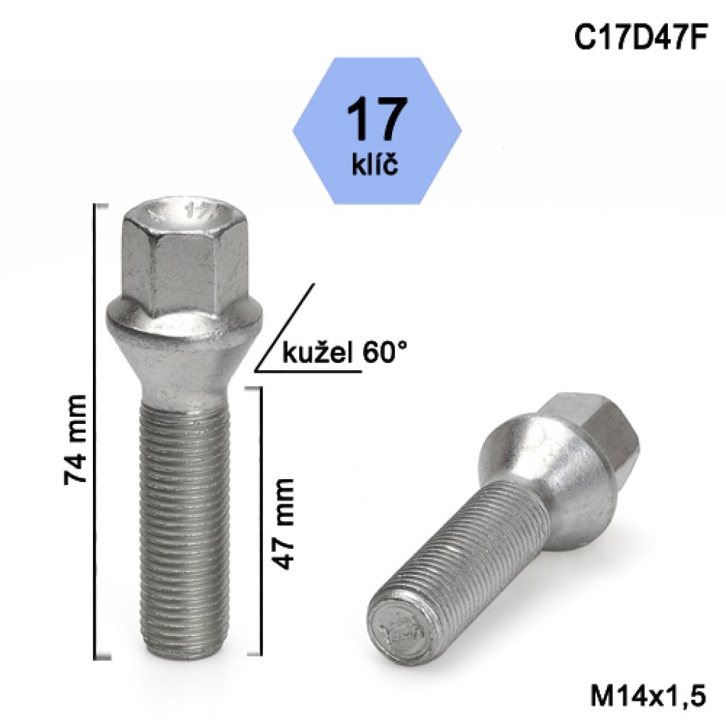 Kolový šroub M14x1,5x47 kužel, klíč 17 (C17D47F)(C7/S) výška 74mm