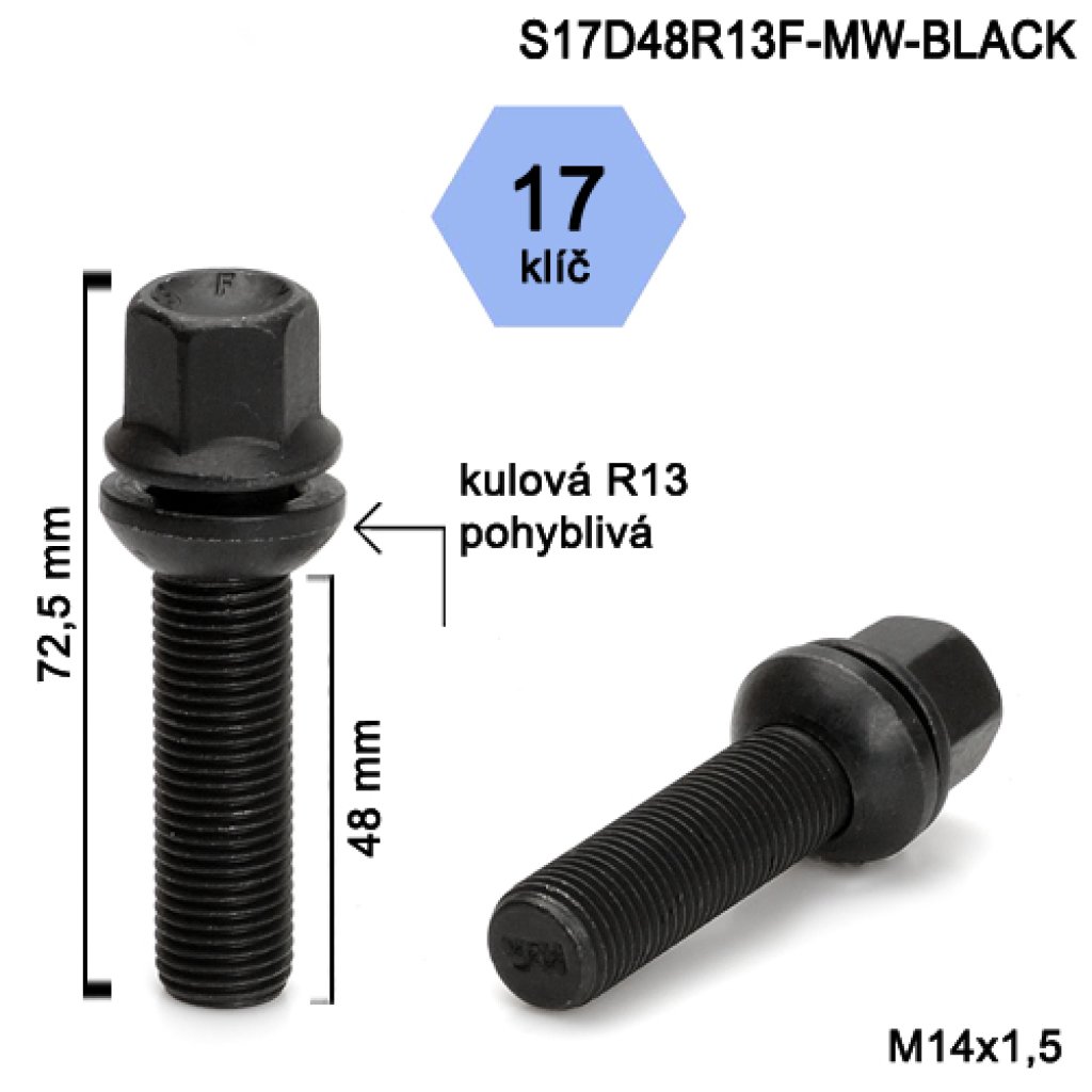 Kolový šroub M14x1,5x48 kulová R13 pohyblivá, klíč 17 (S17D48R13F-MW-BLACK) výška 72,5mm